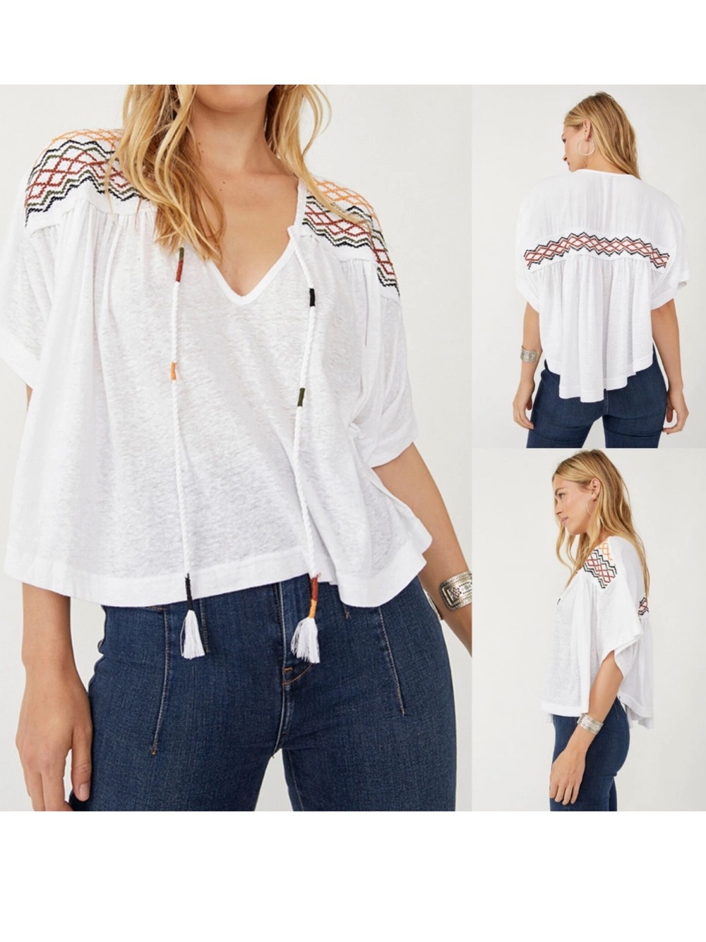 Free People NWT Boho Embroidered V-Neck Peasant Top size S